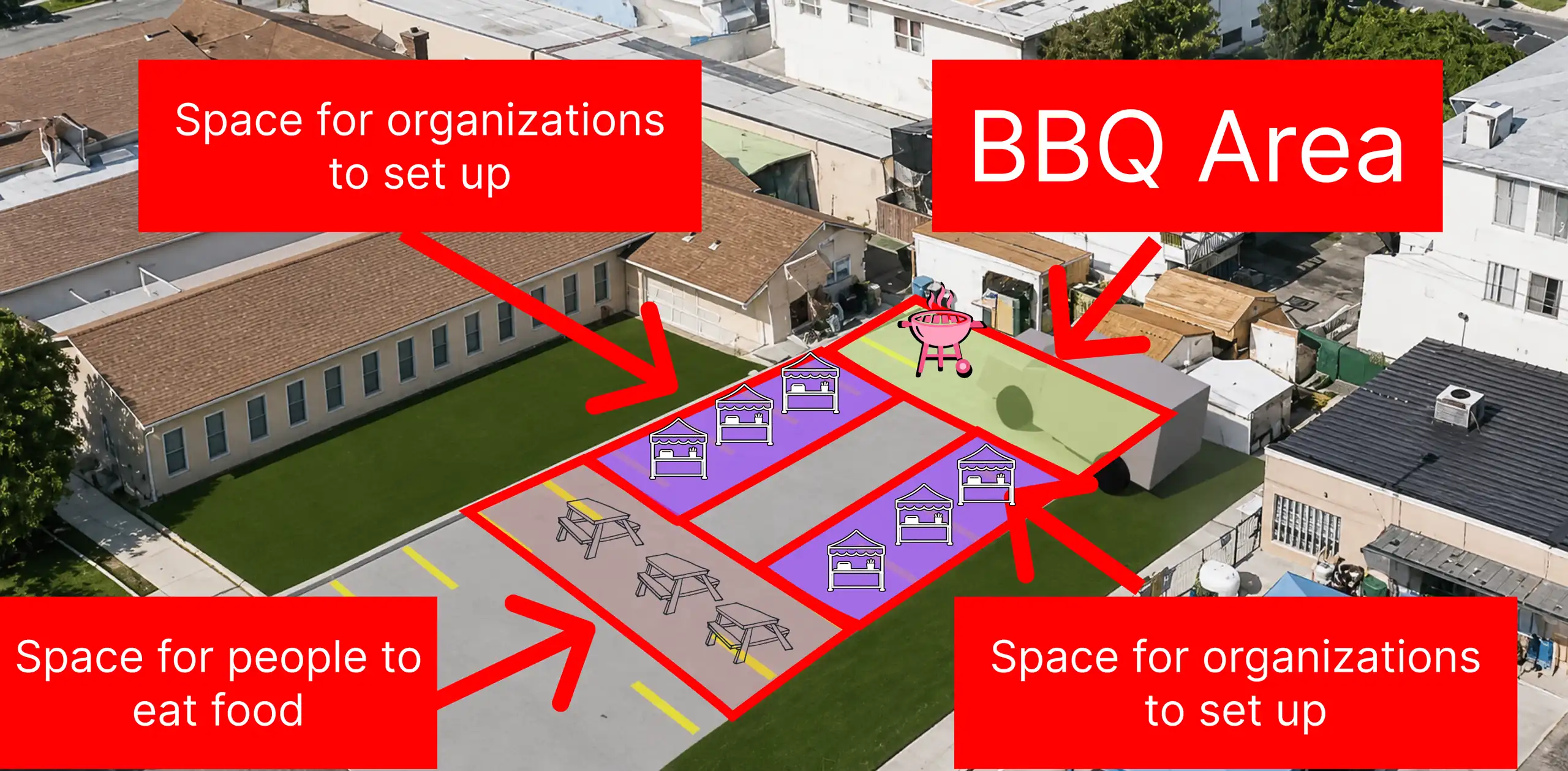 Map showing vendor tables, BBQ area, and eating area